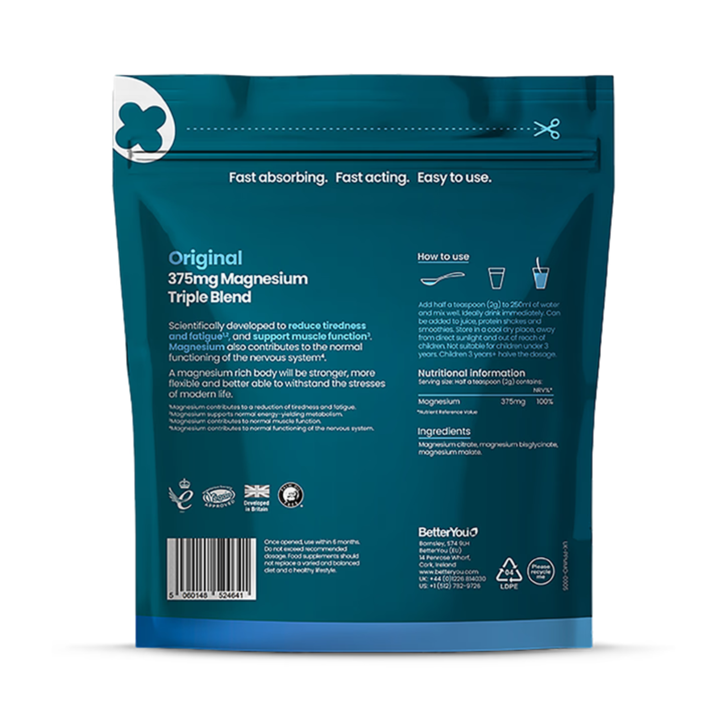 Blue package of BetterYou magnesium supplement with Nutrients, how to use and branding.