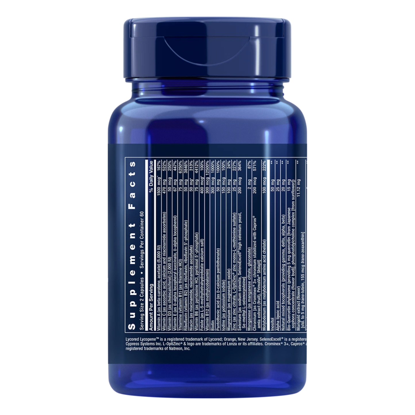 Blue supplement bottle with label on a white background