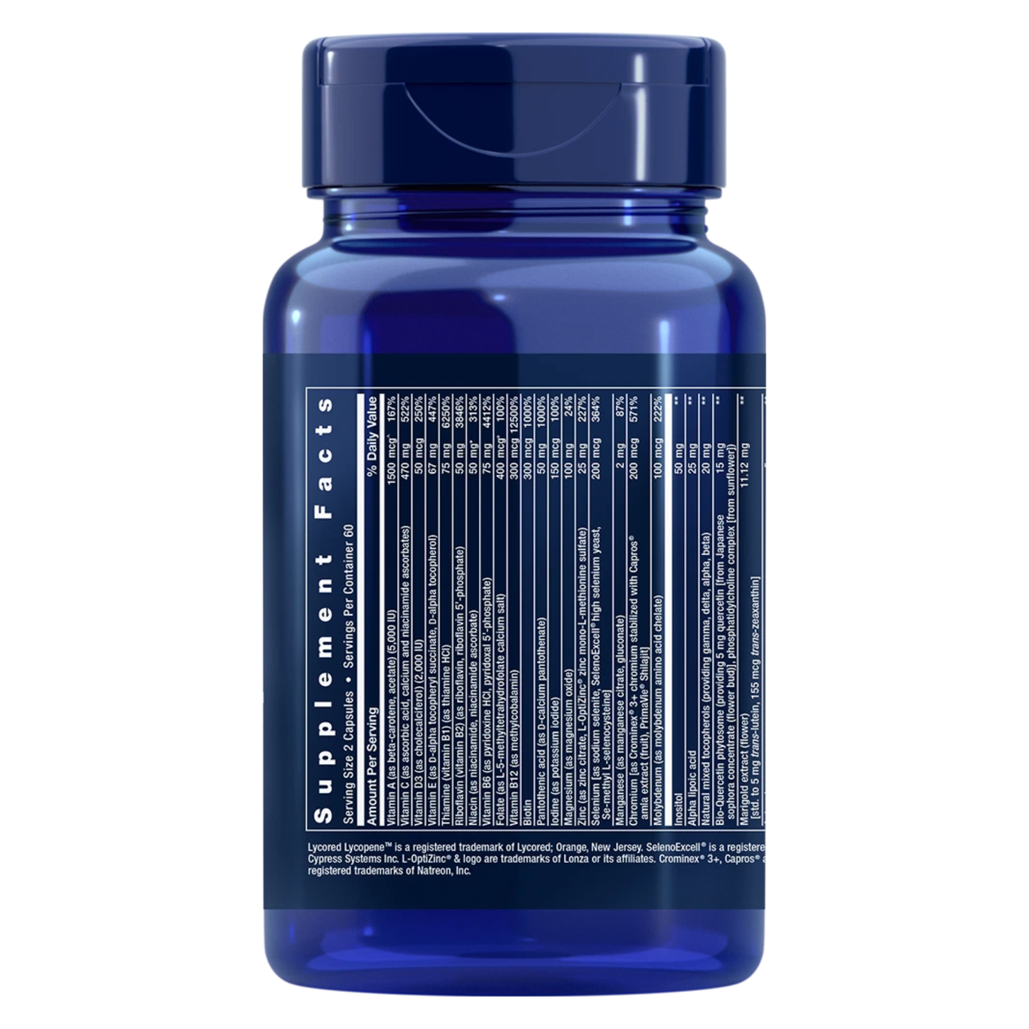 Blue supplement bottle with nutrient label on a white background