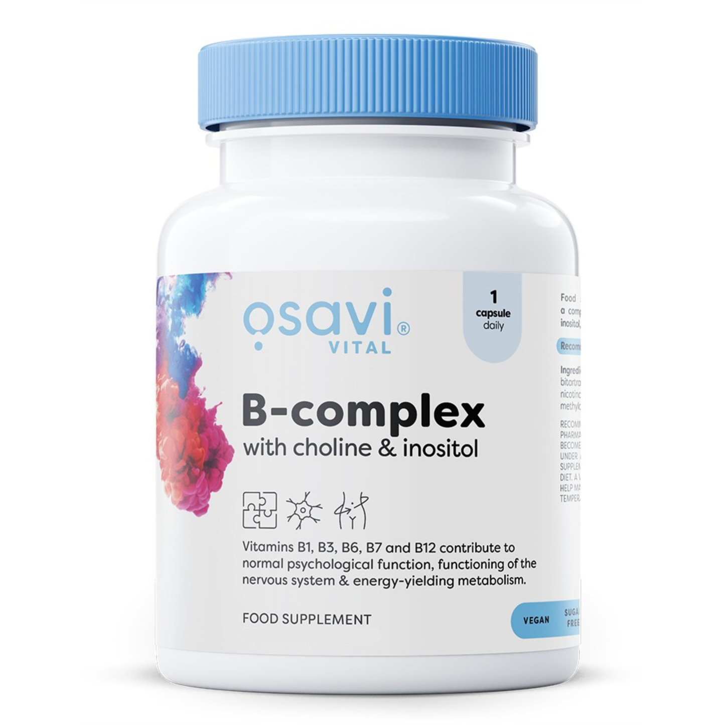 Osavi B-complex with choline and inositol supplement bottle with blue cap on a white background