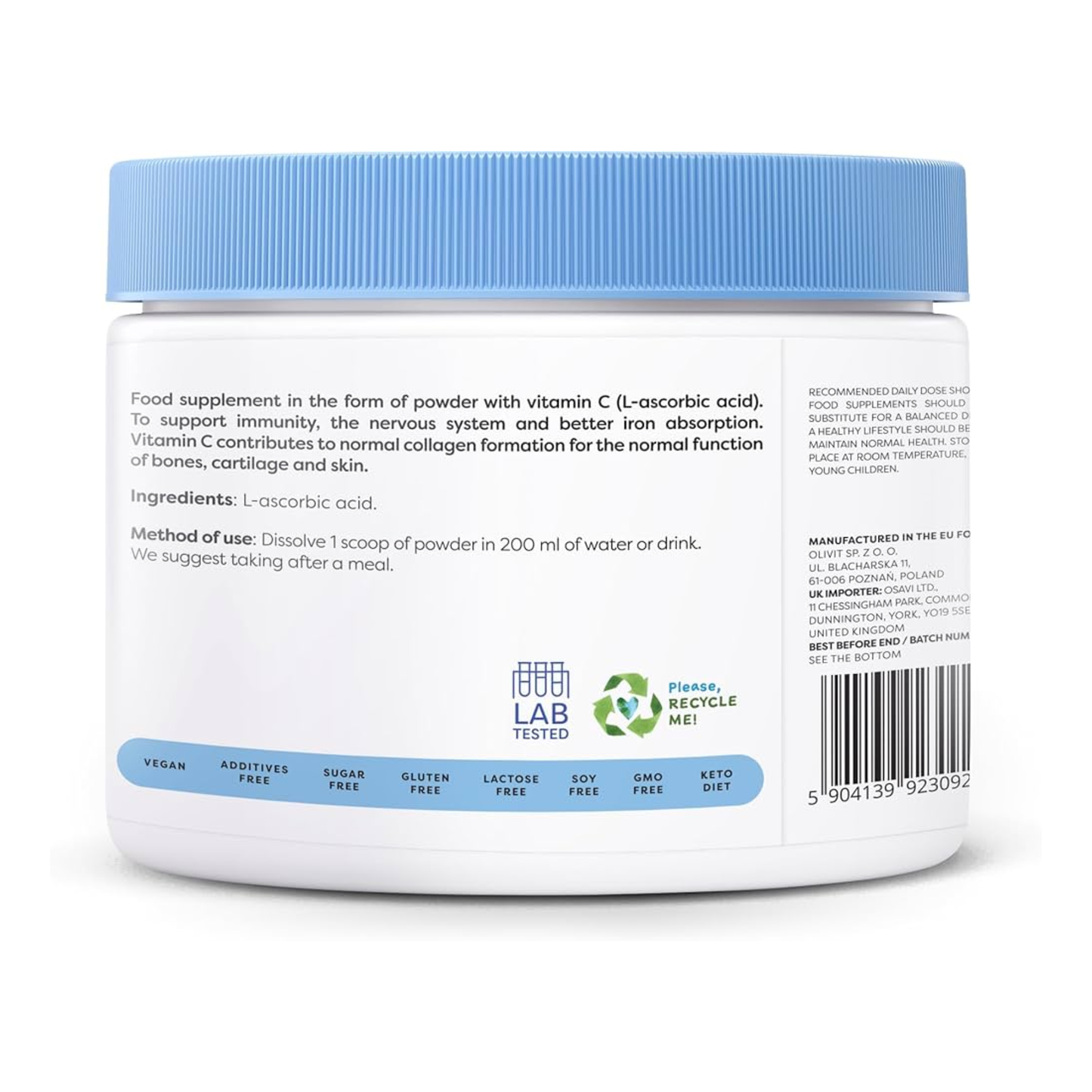 Supplement container with blue lid and nutrient values on a white background