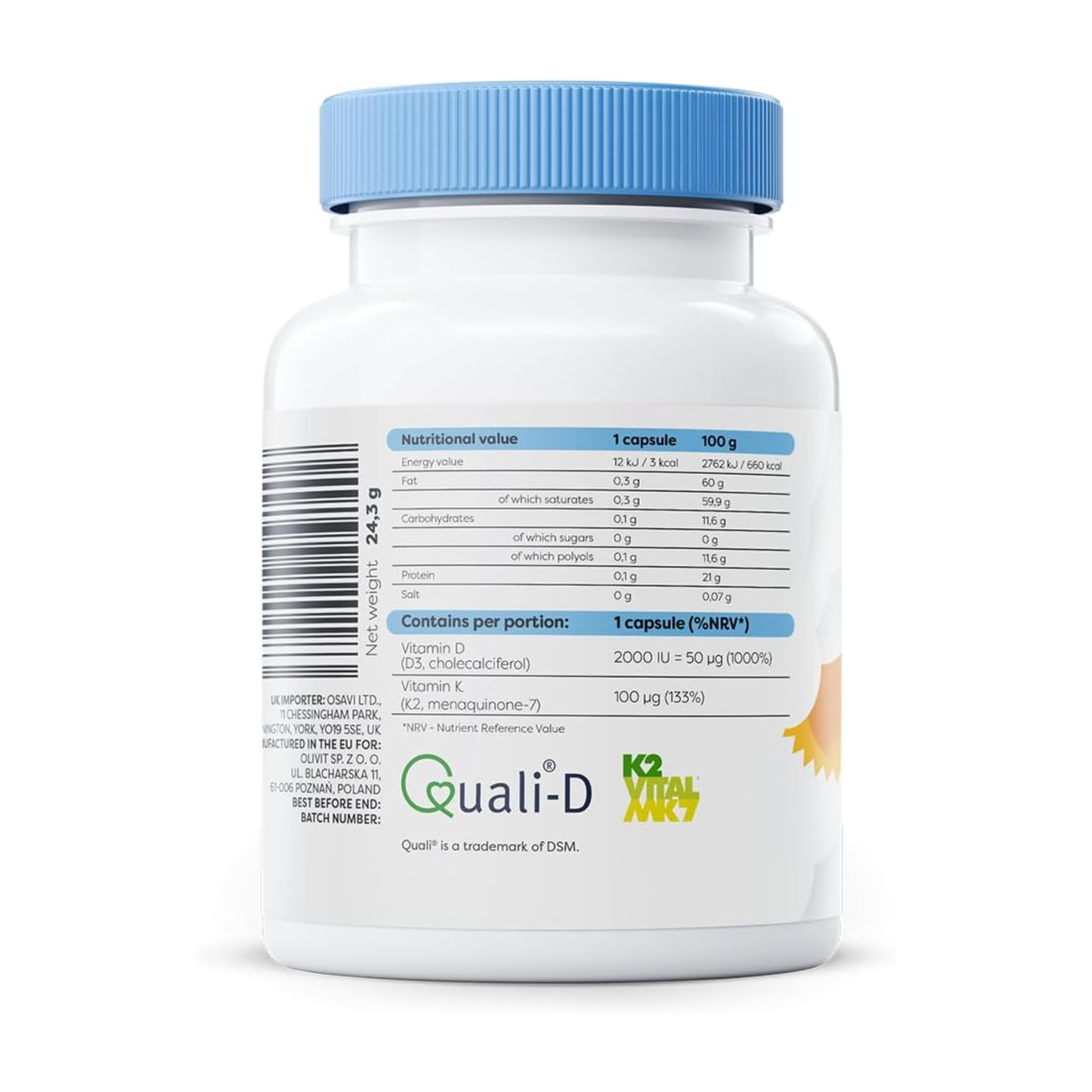 White supplement bottle with blue cap and 'Quali-D' branding on a white background