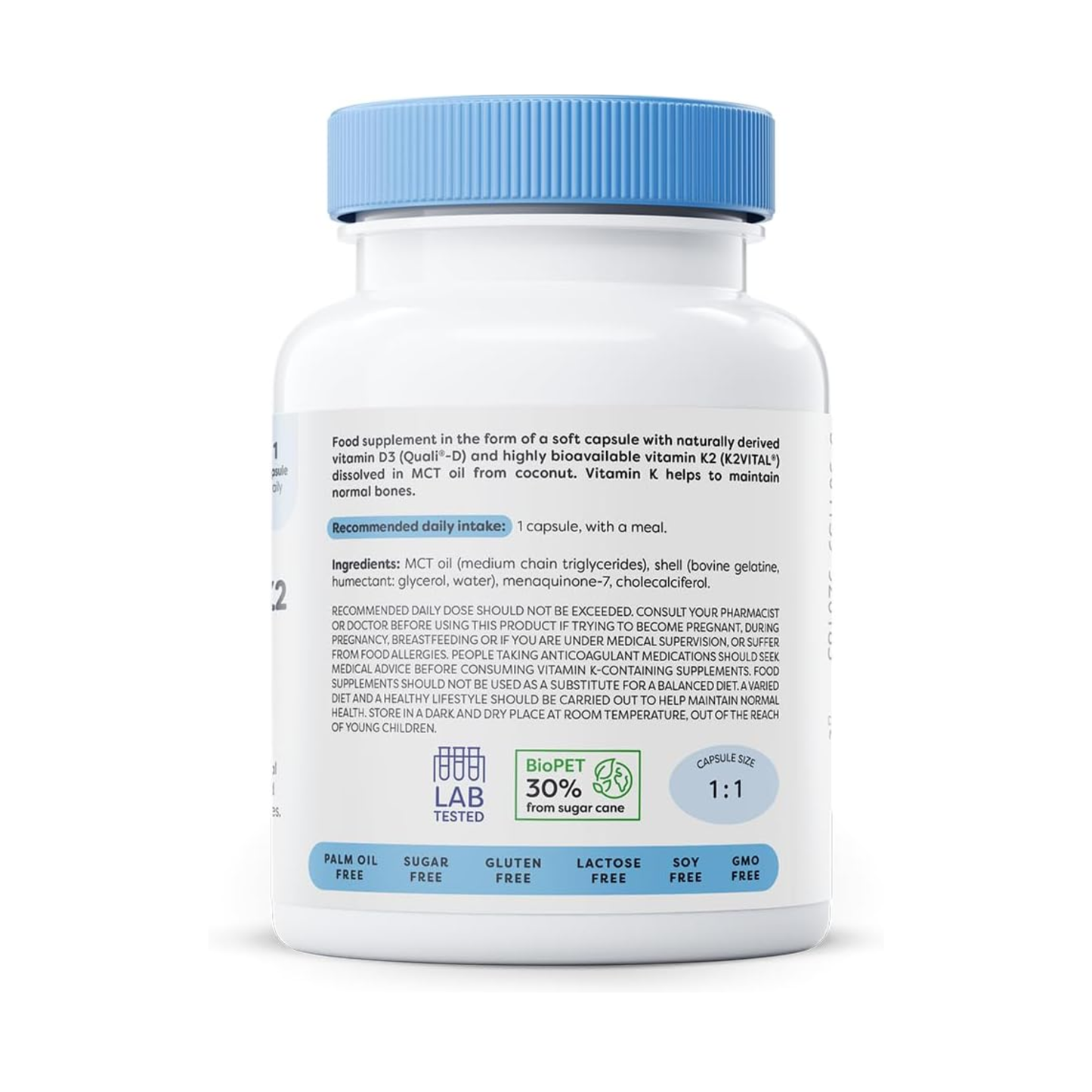 Supplement bottle with blue cap and nutrient ingredients label on a white background