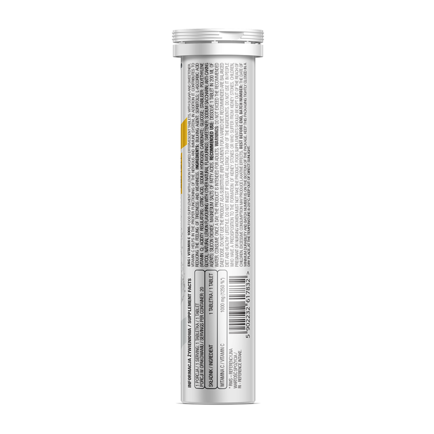 Vitamin C Tube with nutrient label on a white background