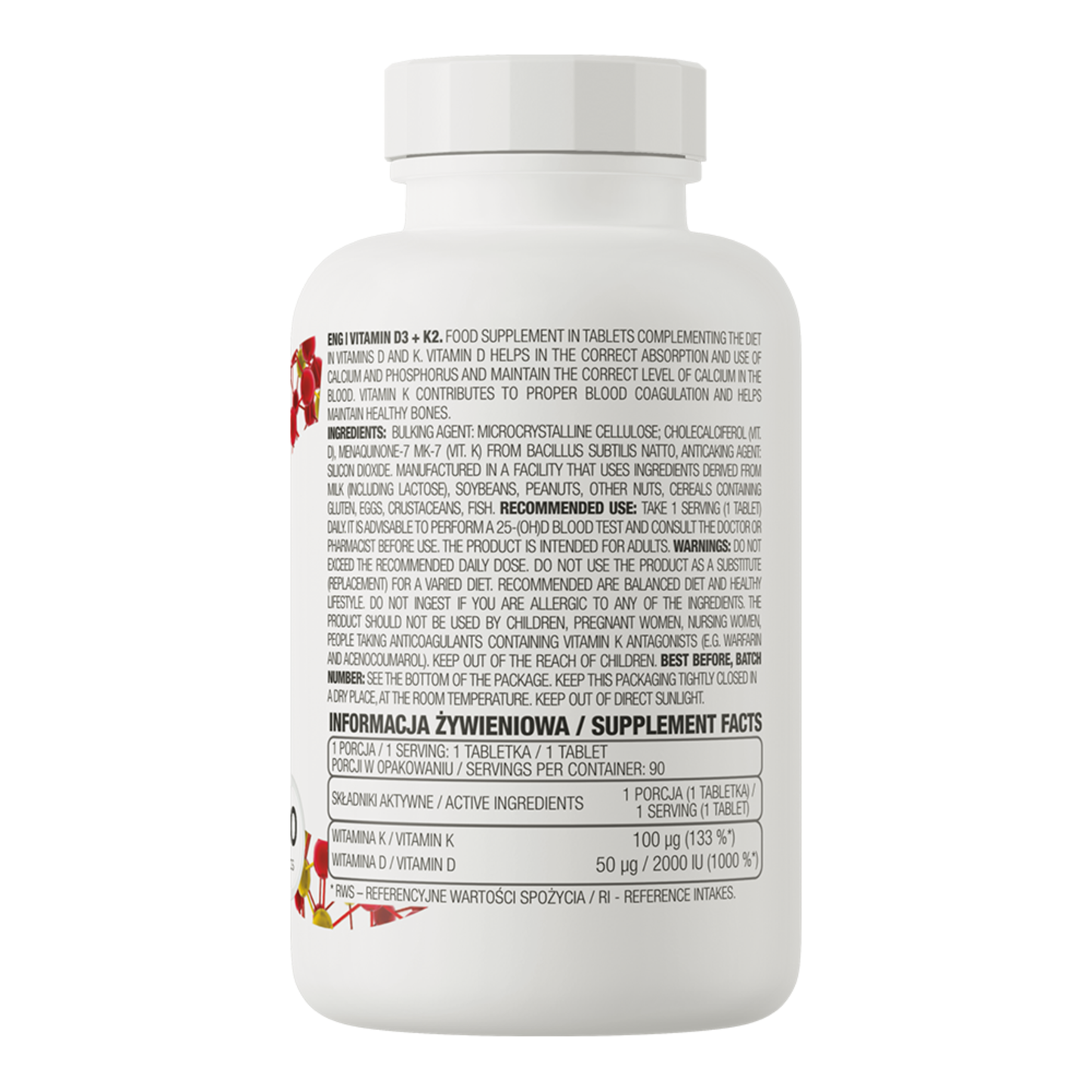 White supplement bottle with label on a white background