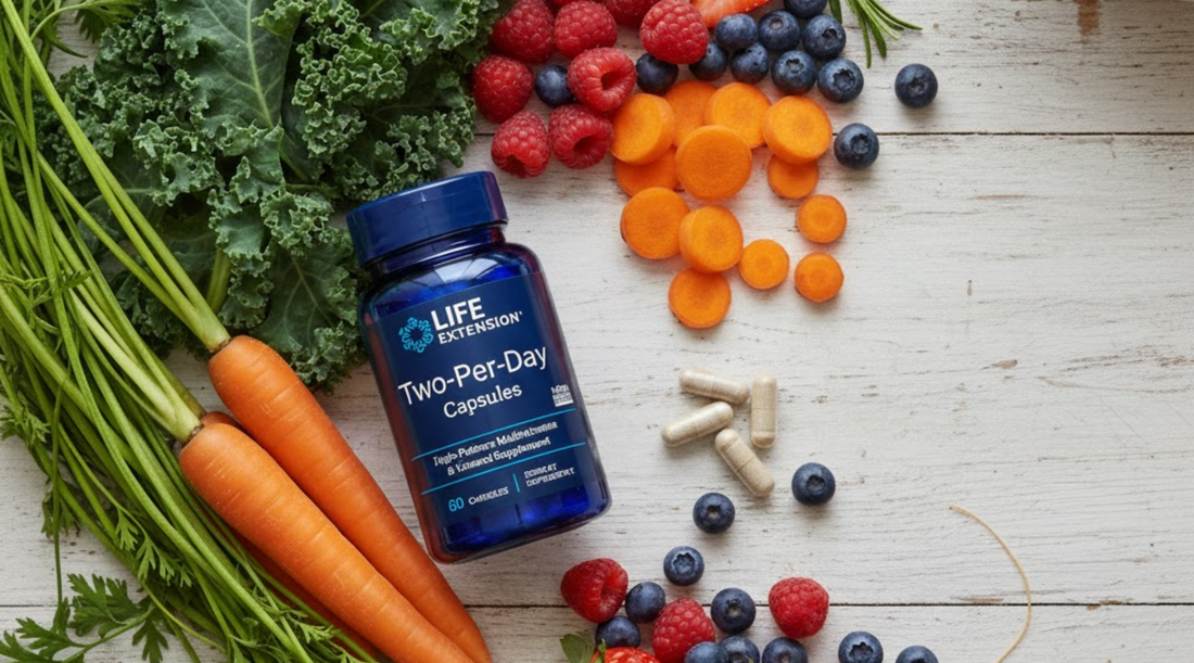 Fresh seasonal vegetables and berries arranged around a bottle of multivitamin supplements on a rustic white table, illustrating the concept of supplementing a healthy diet.