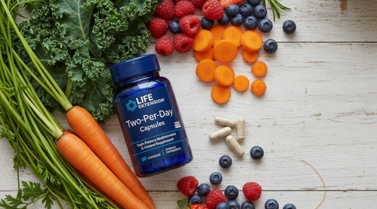 Fresh seasonal vegetables and berries arranged around a bottle of multivitamin supplements on a rustic white table, illustrating the concept of supplementing a healthy diet.