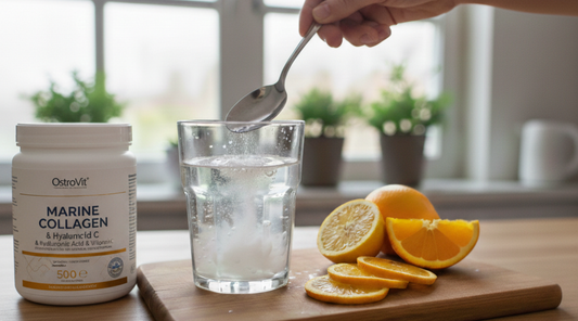 A hand stirring marine collagen powder into a glass of water next to fresh citrus slices and a tub of OstroVit Marine Collagen from Optimal You.