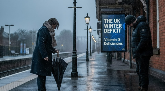A gloomy grey winters day with THE UK WINTER DEFICIT written on a sign in the background