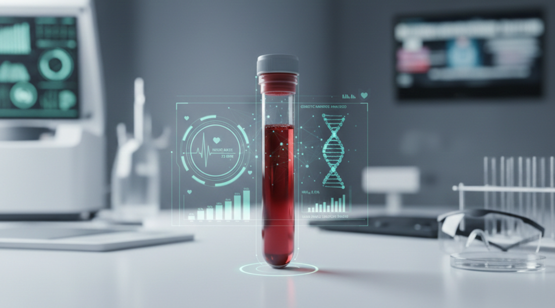 Close-up of a blood sample vial with a digital infographic overlay showing medical diagnostics, HbA1c data, and genetic markers in a modern clinical lab.