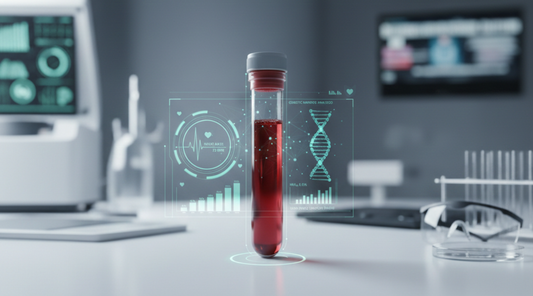 Close-up of a blood sample vial with a digital infographic overlay showing medical diagnostics, HbA1c data, and genetic markers in a modern clinical lab.