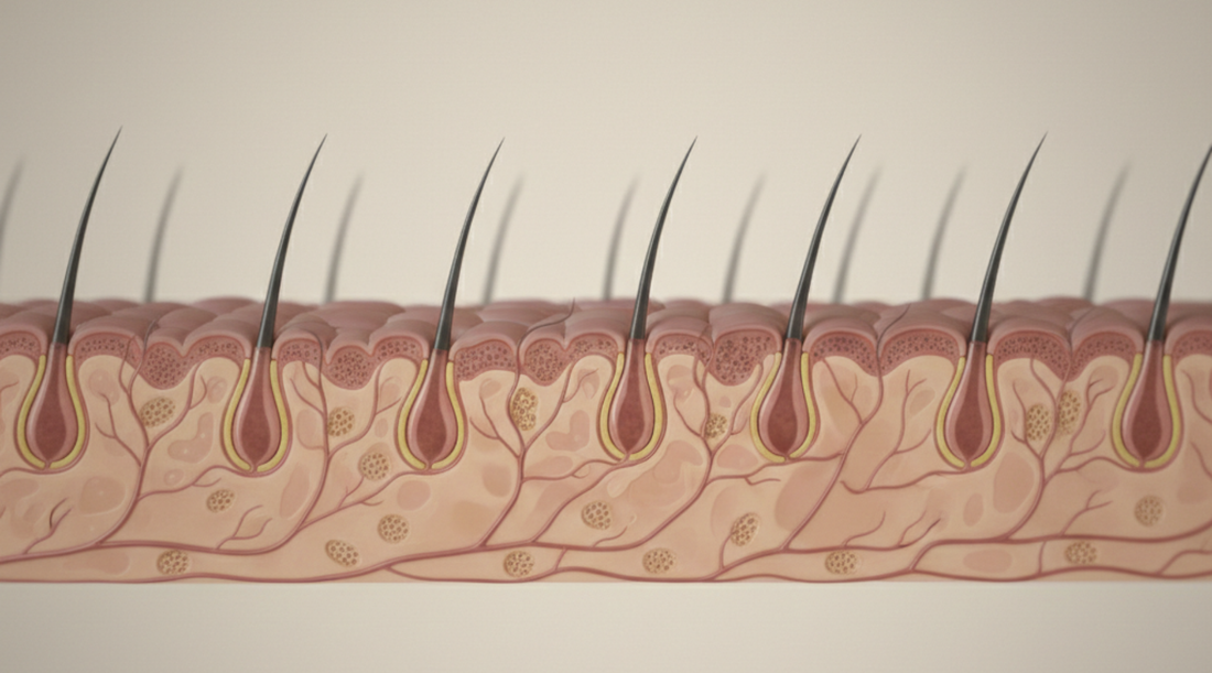 3D cross-section illustration of human skin showing hair follicles, roots, and blood vessels.
