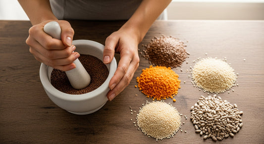 A flat lay of four small bowls containing flaxseeds, pumpkin seeds, sesame seeds, and sunflower seeds, arranged to represent the two phases of the menstrual cycle.