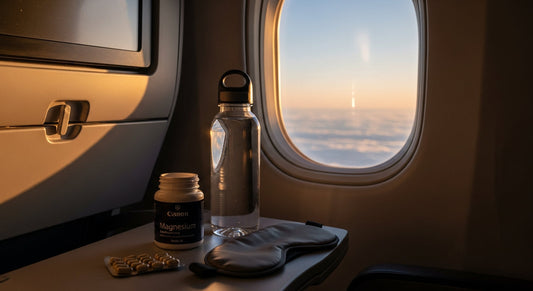 A UK traveller looking out an aeroplane window at the wing, with a soft focus on a water bottle and supplement containers on the tray table, ready to beat jet lag.