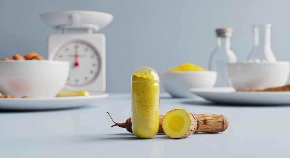 A close-up of a berberine supplement capsule next to the bright yellow roots of the Barberry plant on a clean, white background.