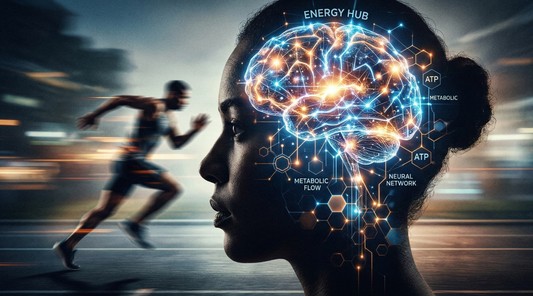 Woman with focuses Energy Hub Diagram showing the brain and man running in the background
