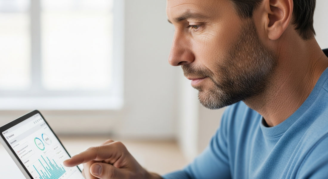 A man in his 40s in the UK looking at his private male hormone test results on a tablet, with a softly focused diagram of interconnected hormones in the background.