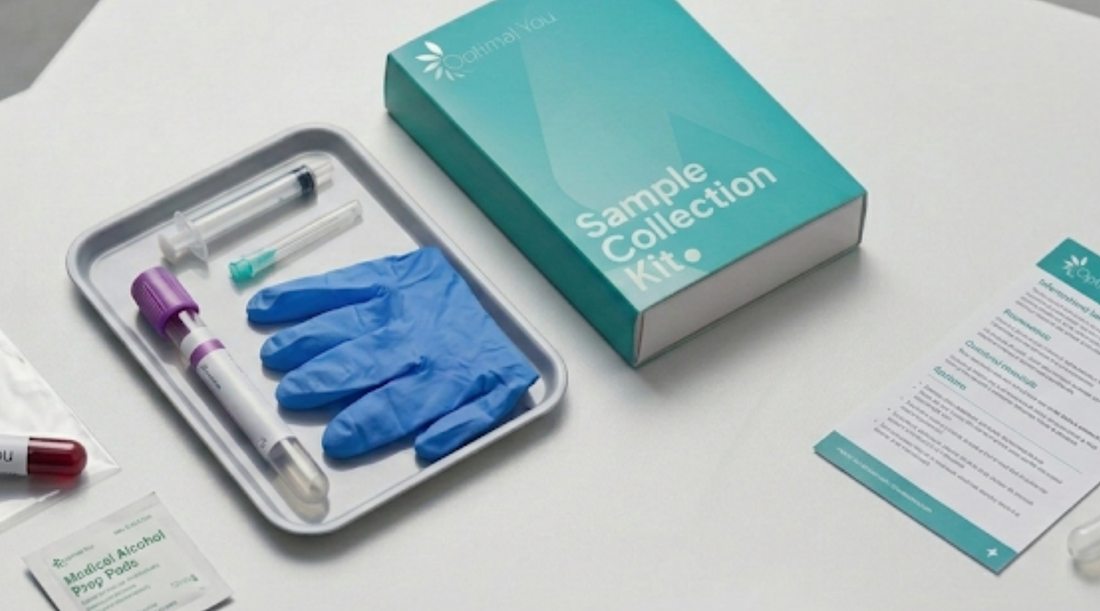 Optimal You medical sample collection kit laid out on a table, including blue gloves, syringe, and blood tube.
