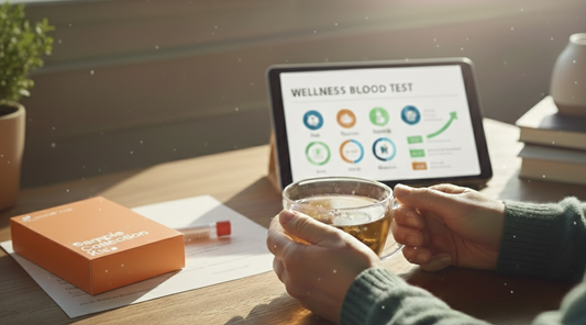 Person holding a cup of tea at a desk with an at-home Optimal You blood collection kit 