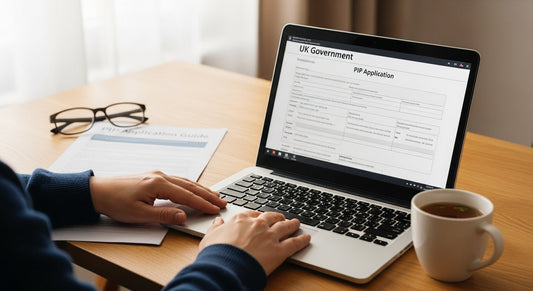 A person sitting at a desk at home, looking thoughtfully at official-looking documents, with a cup of tea nearby, representing managing chronic fatigue admin.