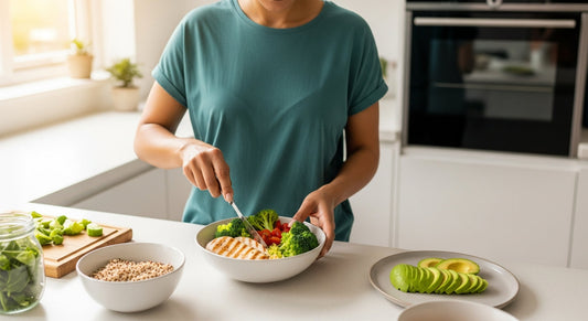 A person in stylish activewear is mindfully preparing a colourful, high-protein meal in a bright, modern UK kitchen, symbolising a healthy life after Wegovy.