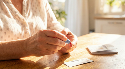 Perosn doing a finger prick blood test in a sunlit room