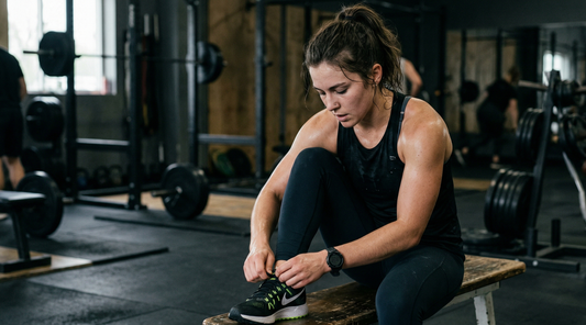 A sweaty, exhausted female athlete sitting on a wooden bench in a busy gym, focused on tying the laces of her black sneaker.