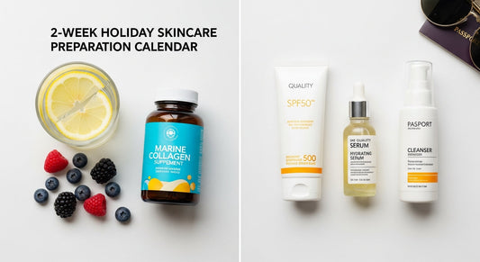 A flat lay of items for pre-holiday skin preparation, including a high-quality SPF sunscreen, a bottle of marine collagen supplement, and a hydrating serum.