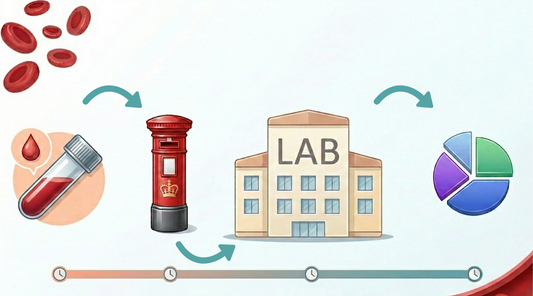 An infographic showing a sequence of four icons—a blood sample, a red postbox, a building labeled "LAB," and a pie chart—arranged over a timeline with four corresponding clock symbols
