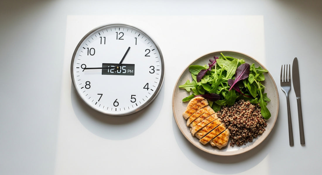A close-up of a kitchen clock face with the hands pointing to 12 and 8, symbolising an eight-hour eating window for intermittent fasting.
