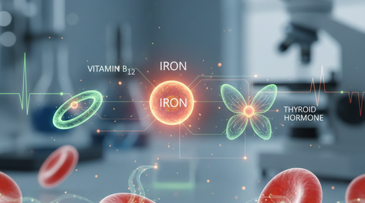 Molecular energy infographic featuring iron, B12, and thyroid biomarkers with red blood cells for Optimal You fatigue blood testing
