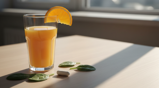 A glass of orange juice with an orange slice and an iron supplement capsule on a wooden table, illustrating how Vitamin C helps iron absorption.