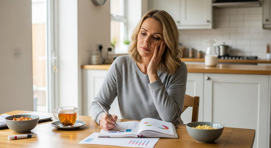 A thoughtful woman in her late 40s sits in a calm, naturally lit UK home, looking at a symptom diary, representing the process of differentiating between menopause and chronic fatigue syndrome.