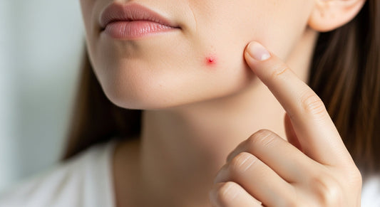 A woman in her 30s looking thoughtfully at her jawline in the mirror, concerned about hormonal acne, with a soft, clinical background.