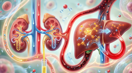 Illustration of healthy liver and kidneys actively filtering blood and detoxifying the body