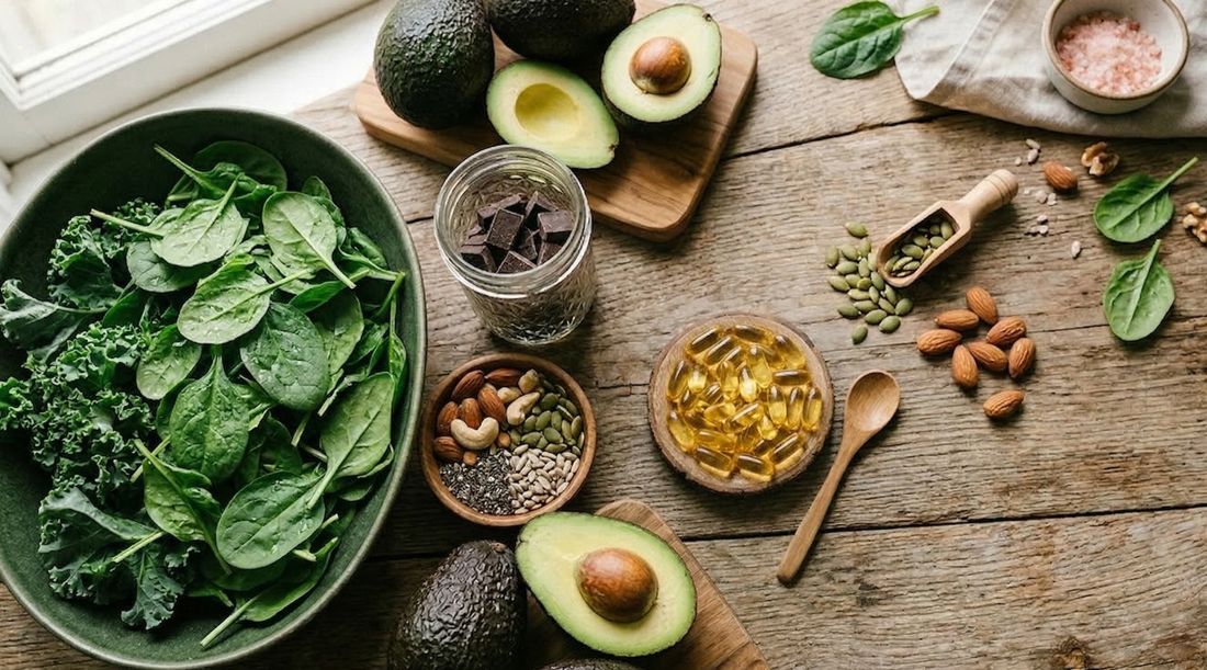 Top-down view of a rustic wooden table featuring healthy foods like spinach, kale, and avocados, with a small wooden bowl of yellow vitamin D softgel capsules at the center.
