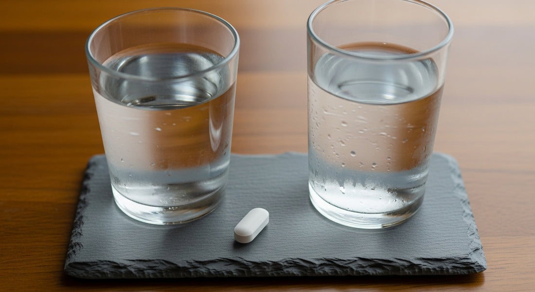 A single white medicinal tablet resting on a clean, minimalist ceramic surface next to a clear glass of water.