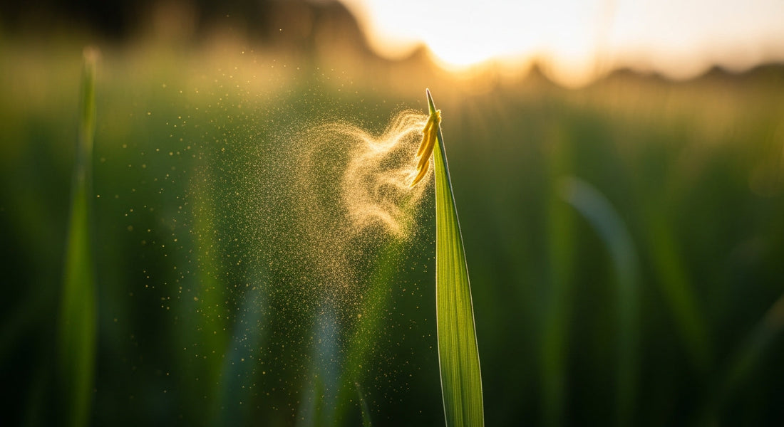 A close-up, backlit shot of a vibrant green blade of grass releasing a cloud of golden pollen into the soft morning light, symbolising the start of hay fever season.