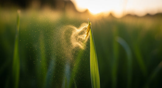 A close-up, backlit shot of a vibrant green blade of grass releasing a cloud of golden pollen into the soft morning light, symbolising the start of hay fever season.
