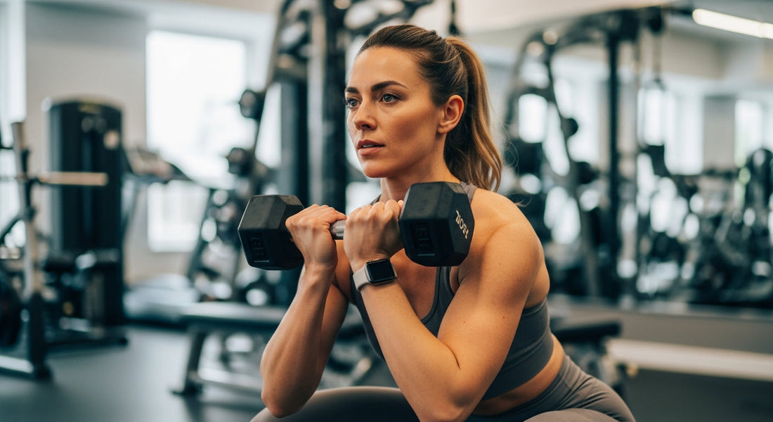 A determined woman in stylish workout gear performing a dumbbell goblet squat in a bright, modern UK gym, representing a 4-week holiday workout plan.