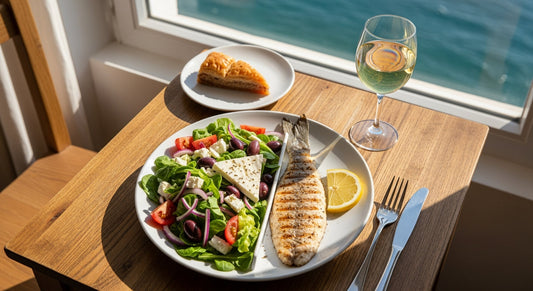 A bright, colourful plate of Mediterranean food, with grilled fish and fresh salad on one side and a small portion of pasta on the other, representing the 80/20 balance.
