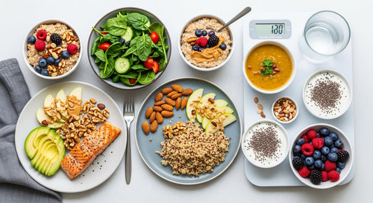 A vibrant flat-lay of energy-boosting foods including salmon, sweet potatoes, oats, almonds, and spinach, arranged on a rustic wooden table.
