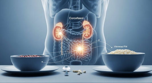 A diagram showing the adrenal gland releasing cortisol, with an arrow pointing to visceral fat around the abdominal organs, illustrating the concept of a cortisol belly.