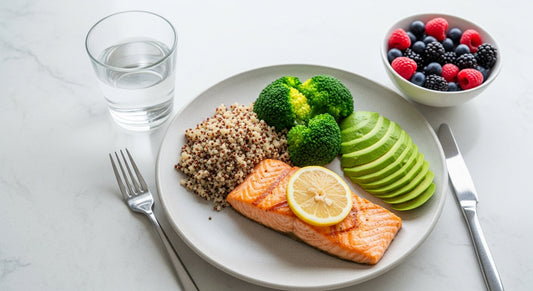 A thoughtfully arranged plate of colourful, anti-inflammatory foods like salmon, avocado, blueberries, and dark leafy greens, symbolising a supportive diet for ME/CFS.