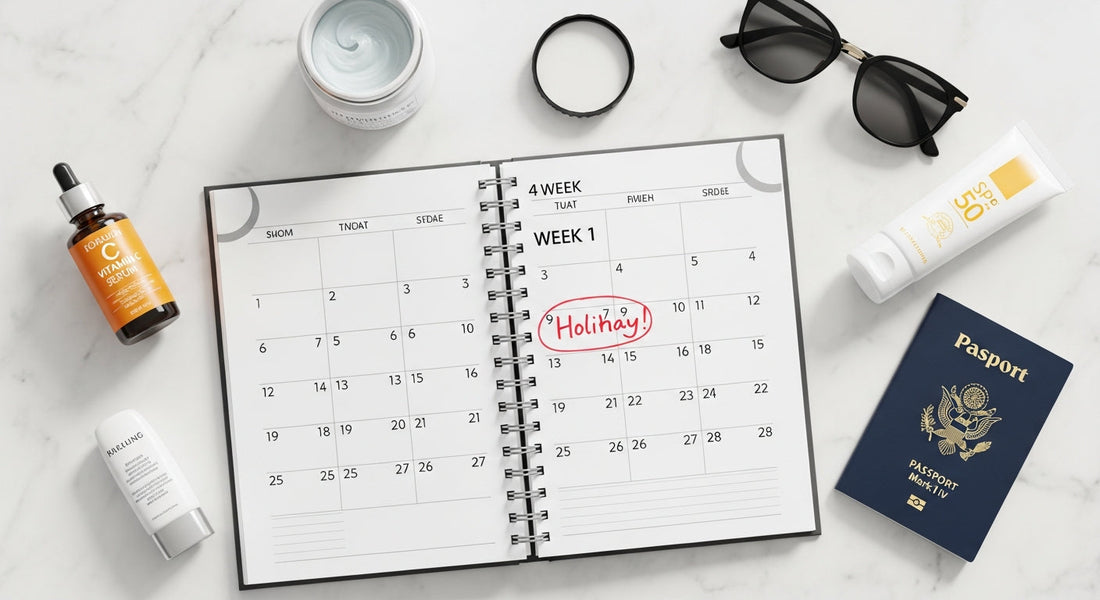 A woman's organised vanity table with a 4-week calendar, skincare products, a passport, and sunglasses, illustrating a pre-holiday beauty prep timeline.
