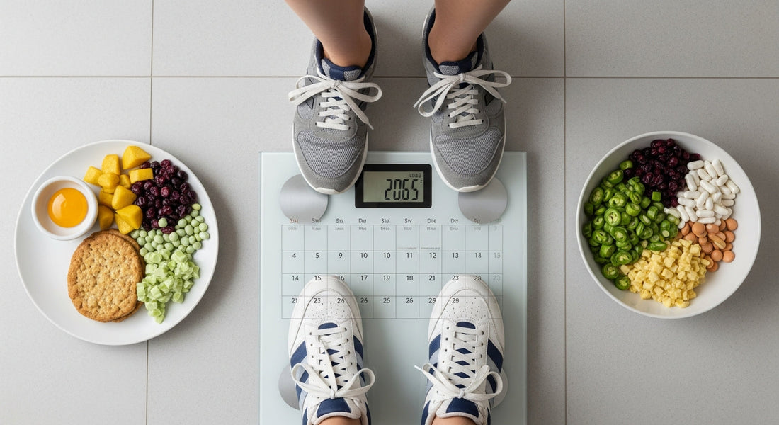 A person stands on a modern bathroom scale, looking down in frustration, with a graph showing a flat line superimposed over the image, illustrating a weight loss plateau.