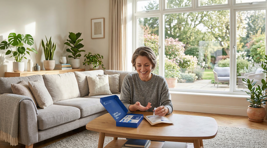 Gemini said A woman in a cozy, sunlit living room sits at a coffee table with an Optimal You health test kit, preparing a small blood sample while smiling warmly.