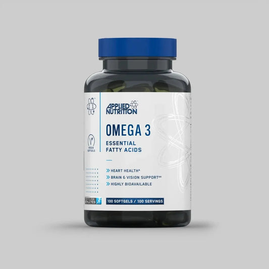 Omega 3 Essential Fatty Acids Supplement tub on grey background with white label