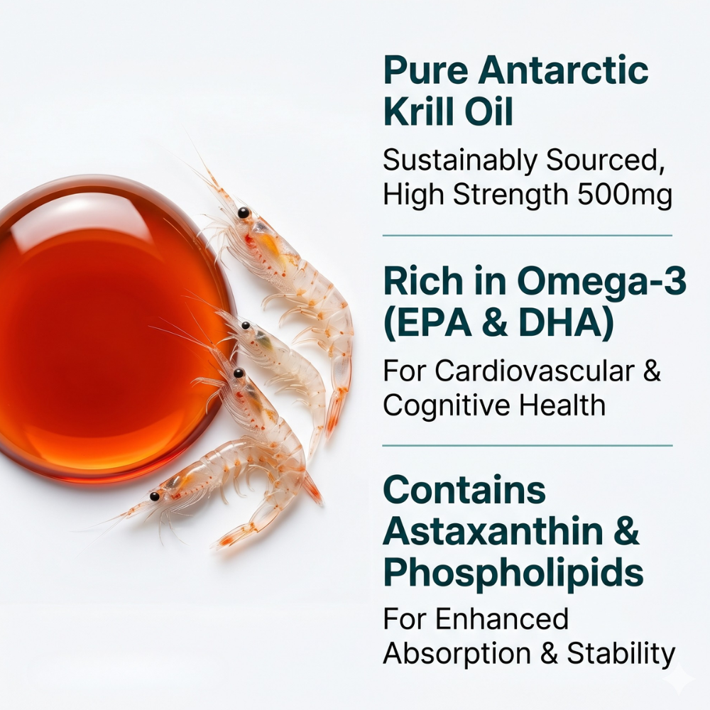 Pure Antarctic Krill Oil 500mg – High Omega-3 EPA & DHA (60 Gel Capsules)