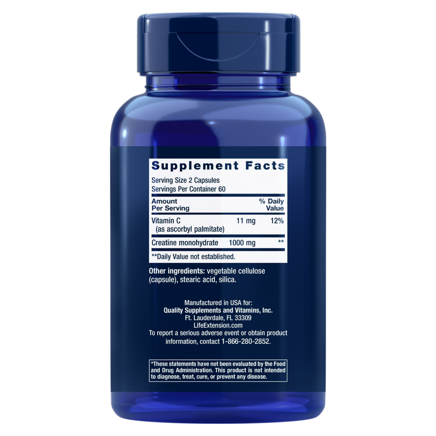 Blue supplement bottle with nutrient label on a white background